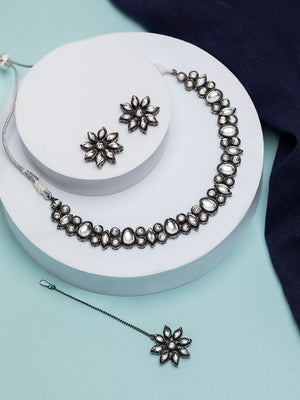 Priyaasi Elegant Floral Studded Silver-Plated Jewellery Set with Maangtikka