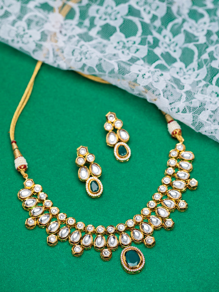 Priyaasi Elegant Green Kundan Studded Gold-Plated Jewellery Set