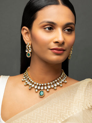Priyaasi Elegant Green Kundan Studded Gold-Plated Jewellery Set