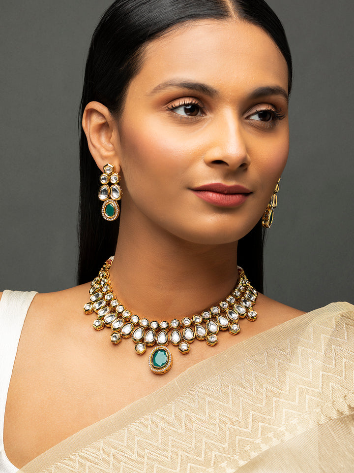 Priyaasi Elegant Green Kundan Studded Gold-Plated Jewellery Set