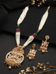 Priyaasi White Round Floral Multilayer Beaded Chain Design Jewellery Set