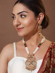 Priyaasi White Round Floral Multilayer Beaded Chain Design Jewellery Set