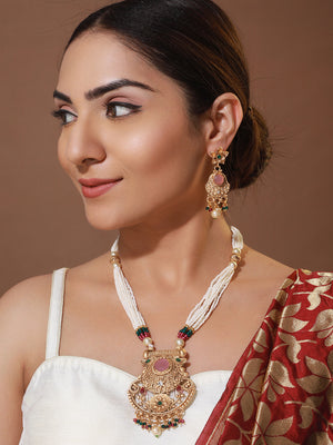 Priyaasi White Floral Stone Studded Multilayer Chain Design Jewellery Set