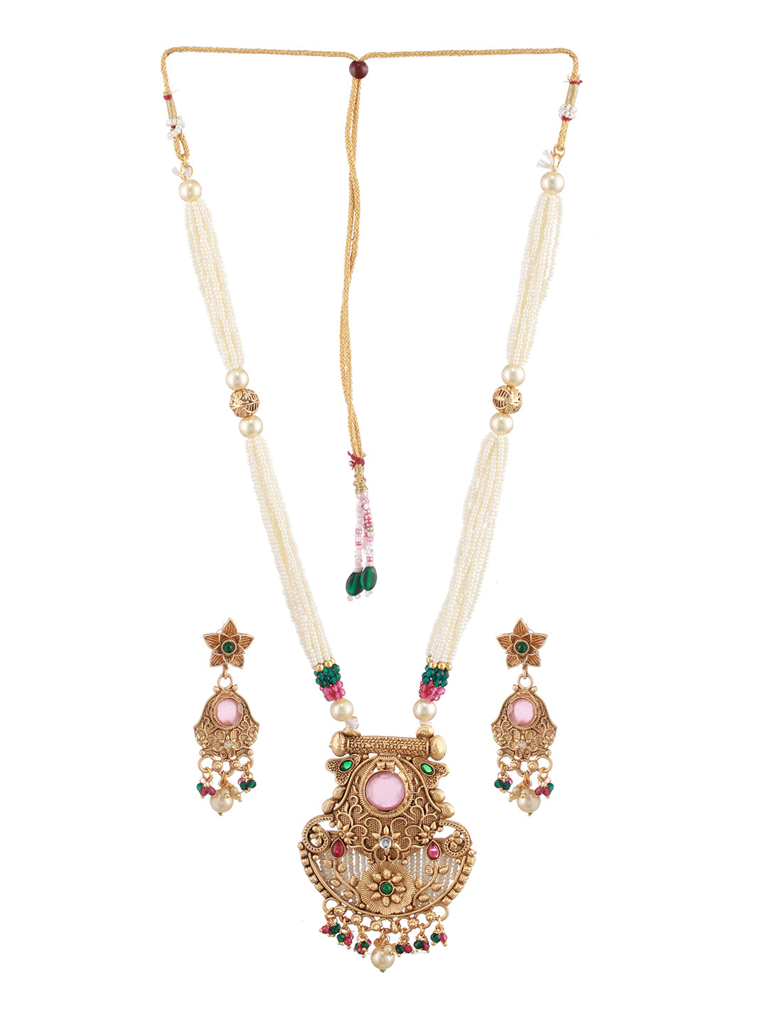 Priyaasi White Floral Stone Studded Multilayer Chain Design Jewellery Set