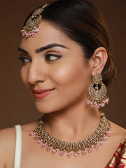 Priyaasi Pink Floral Stone Studded Beaded Gold-Plated Jewellery Set
