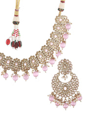Priyaasi Pink Floral Stone Studded Beaded Gold-Plated Jewellery Set
