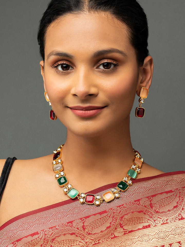 Priyaasi Geometric Multicolor Stone Studded Gold-Plated Jewellery Set