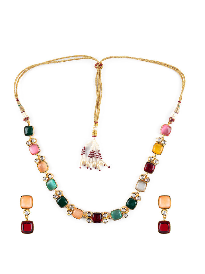 Priyaasi Geometric Multicolor Stone Studded Gold-Plated Jewellery Set