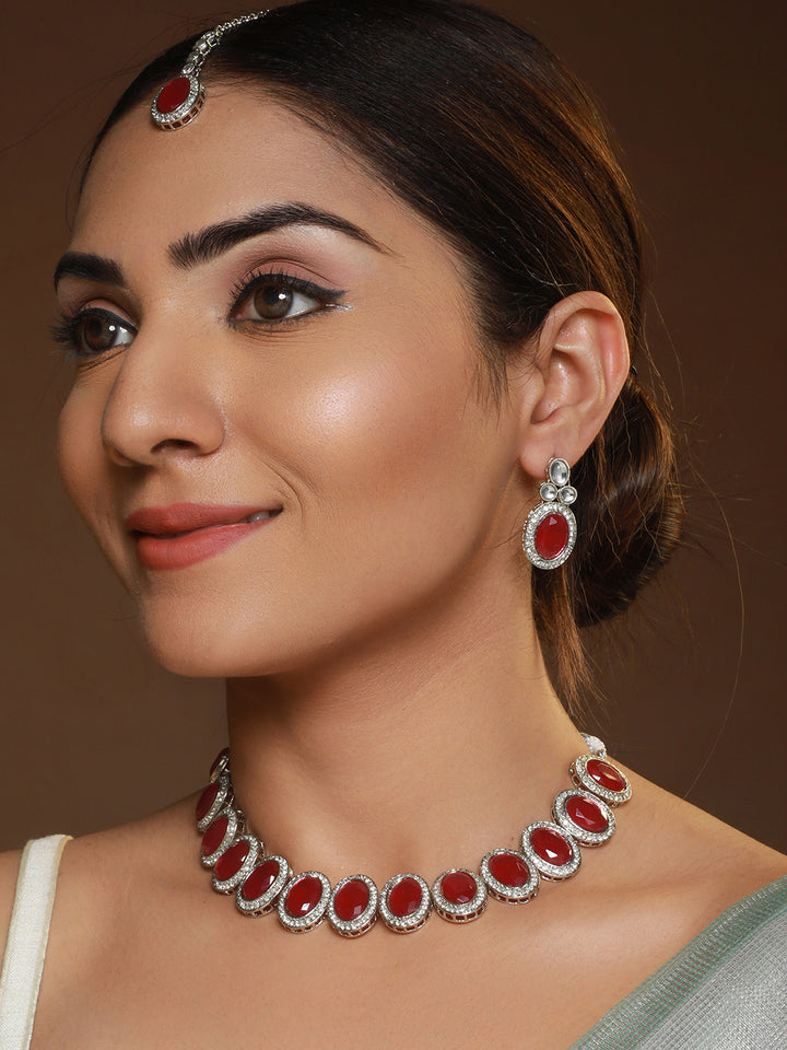Priyaasi Ruby Oval AD Studded Silver-Plated Jewellery Set with Maangtikka