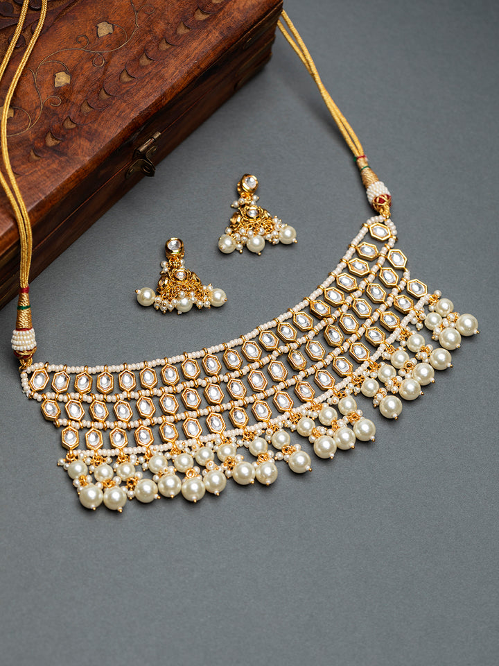 Priyaasi White Pearl Geometric Design Kundan Studded Gold-Plated Jewellery Set