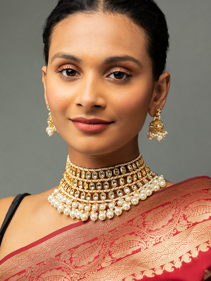Priyaasi White Pearl Geometric Design Kundan Studded Gold-Plated Jewellery Set