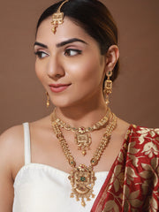 Priyaasi Floral Block Kemp Stone Studded Bridal Jewellery Set with Maangtikka