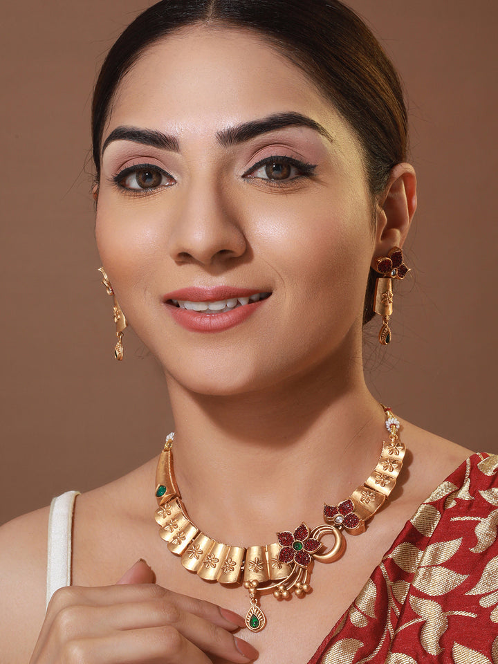 Priyaasi Floral Red & Green Stone Studded Gold-Plated Jewellery Set