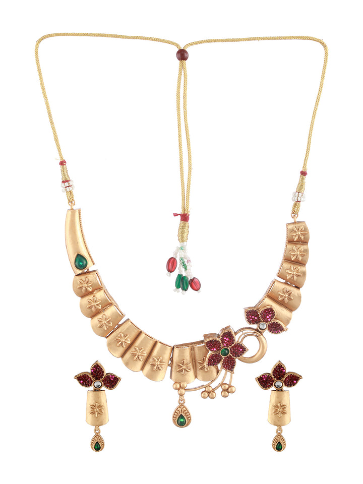 Priyaasi Floral Red & Green Stone Studded Gold-Plated Jewellery Set