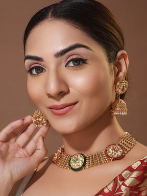 Priyaasi Round Floral Stone Studded Gold-Plated Jewellery Set