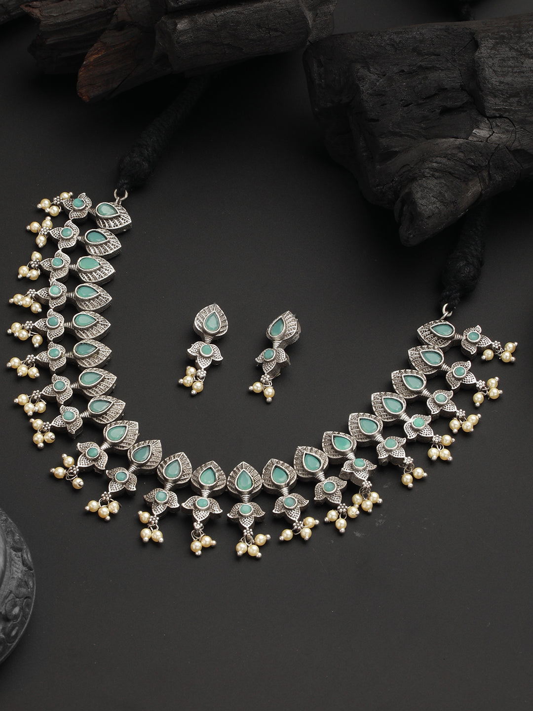 Priyaasi Mint Green Studded Floral Leaf Oxidised Silver Jewellery Set