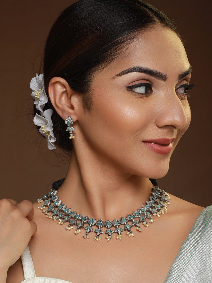 Priyaasi Mint Green Studded Floral Leaf Oxidised Silver Jewellery Set