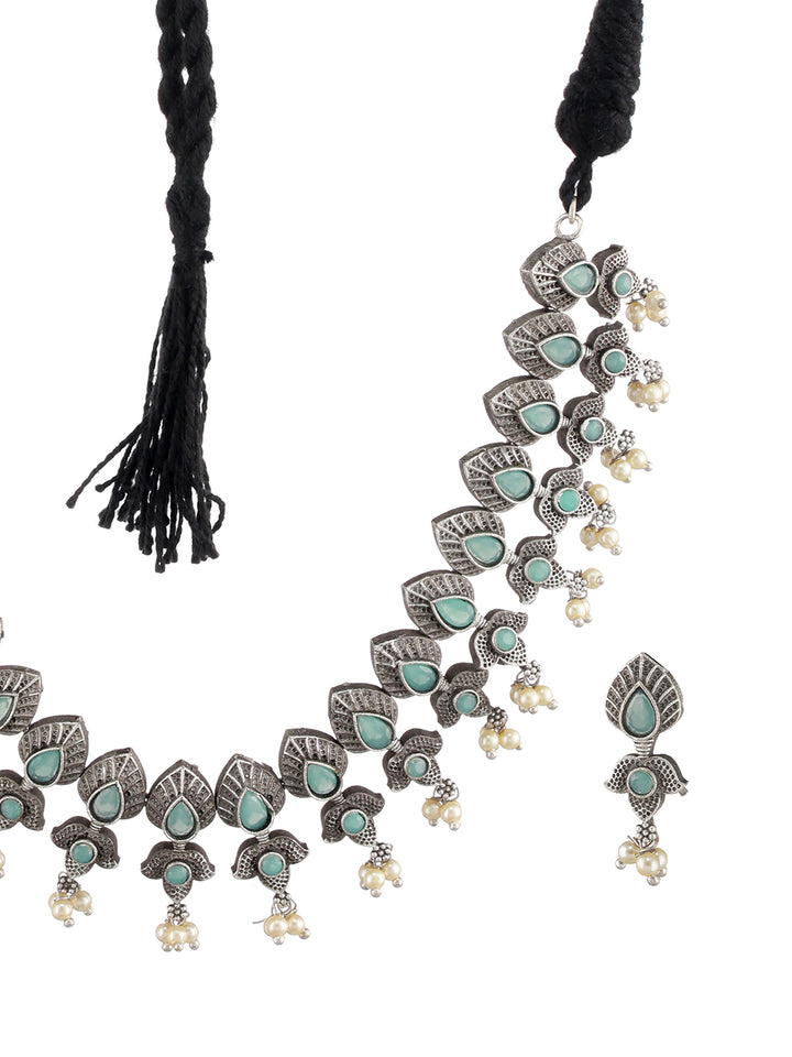 Priyaasi Mint Green Studded Floral Leaf Oxidised Silver Jewellery Set