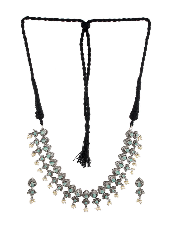 Priyaasi Mint Green Studded Floral Leaf Oxidised Silver Jewellery Set