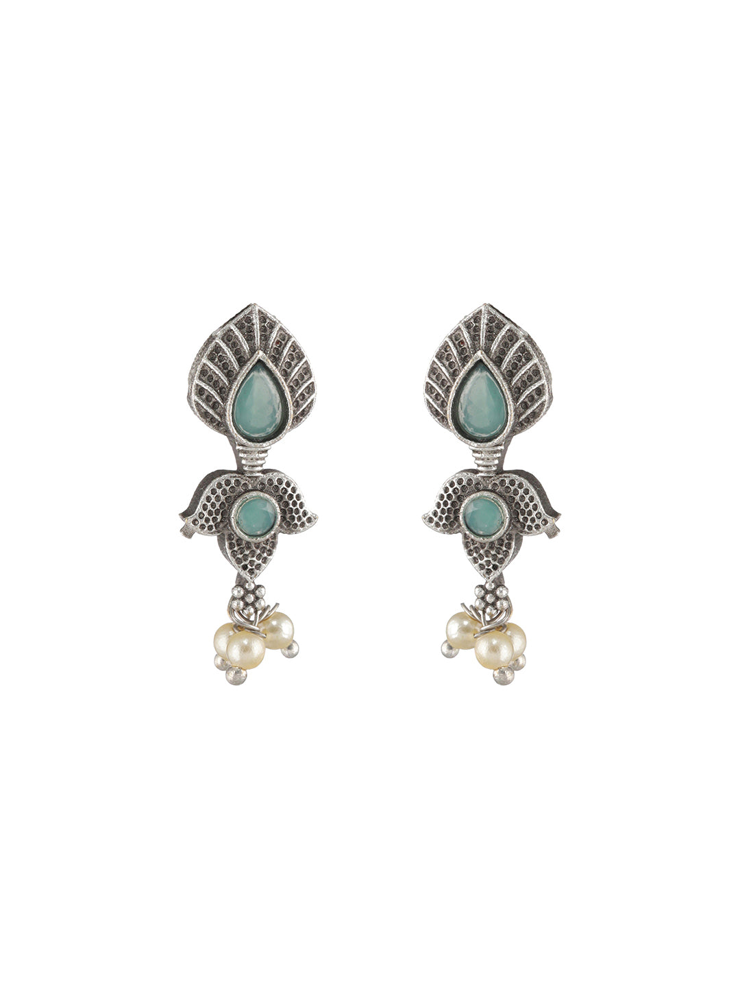 Priyaasi Mint Green Studded Floral Leaf Oxidised Silver Jewellery Set