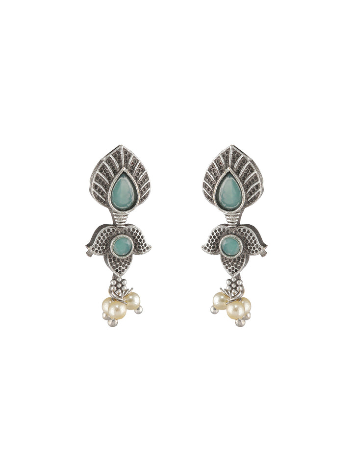 Priyaasi Mint Green Studded Floral Leaf Oxidised Silver Jewellery Set