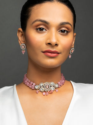 Priyaasi Pink Halo Style Mulitlayer Studded Beaded Gold-Plated Jewellery Set