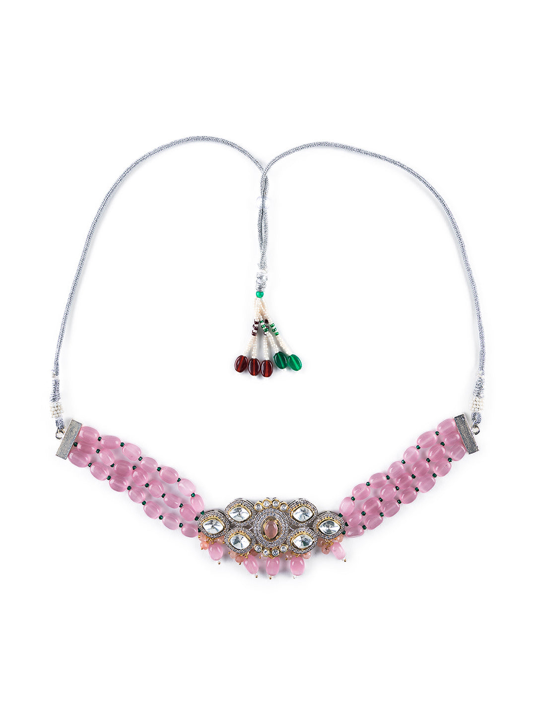 Priyaasi Pink Halo Style Mulitlayer Studded Beaded Gold-Plated Jewellery Set