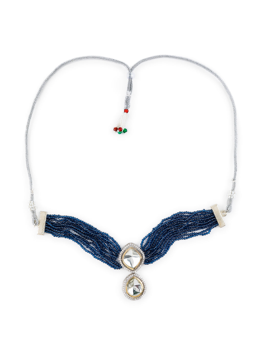 Priyaasi Blue Multilayer Studded Beaded Silver-Plated Choker Jewellery Set