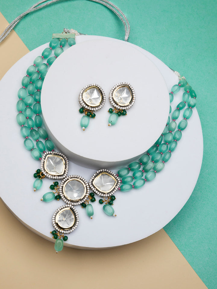 Priyaasi Seas Green Studded Multilayer Beaded Silver-Plated Jewellery Set