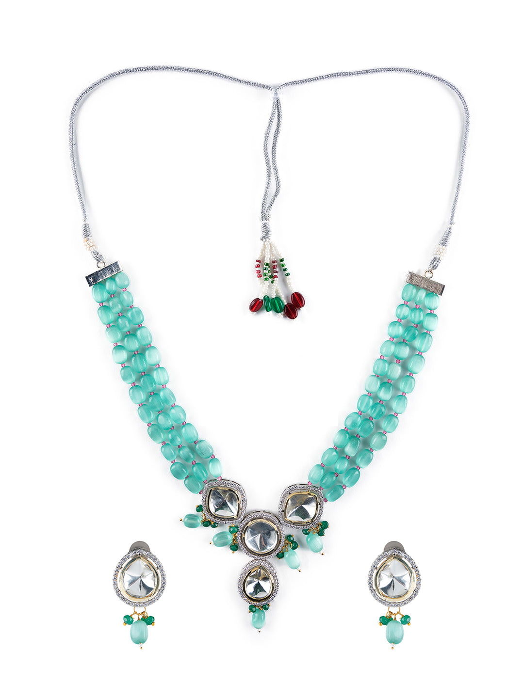 Priyaasi Seas Green Studded Multilayer Beaded Silver-Plated Jewellery Set