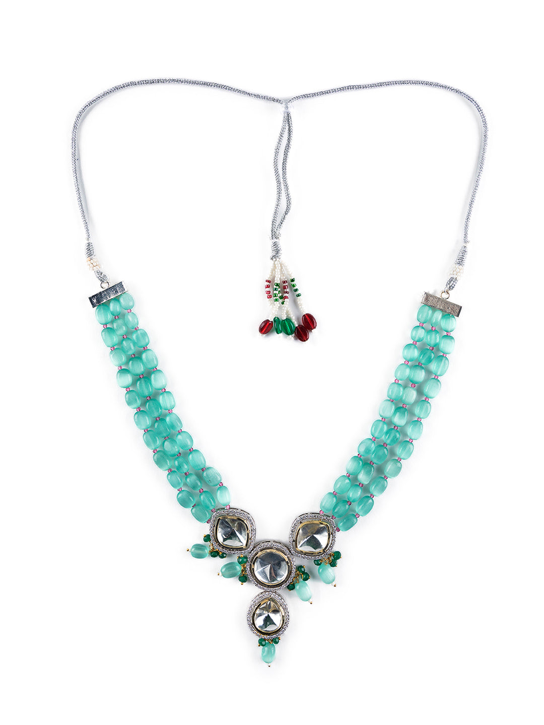 Priyaasi Seas Green Studded Multilayer Beaded Silver-Plated Jewellery Set