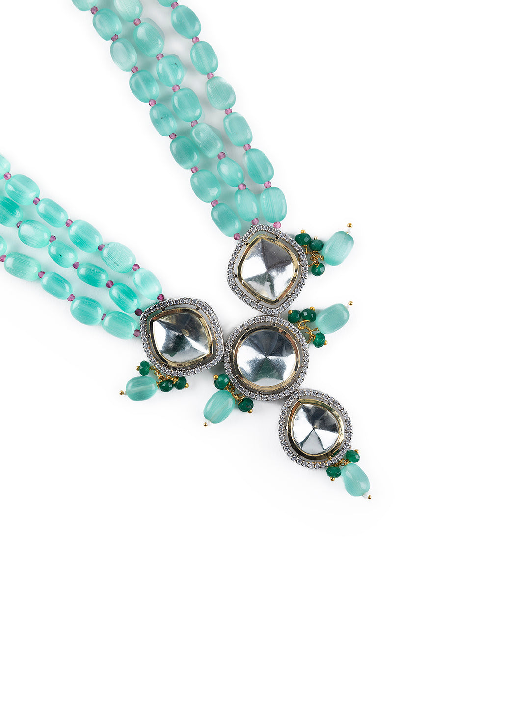 Priyaasi Seas Green Studded Multilayer Beaded Silver-Plated Jewellery Set