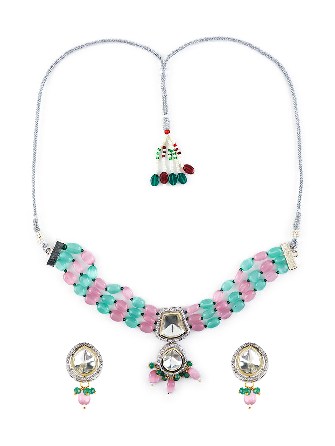 Priyaasi Pink & Sea Green Beaded Multilayer Stone Studded Choker Jewellery Set