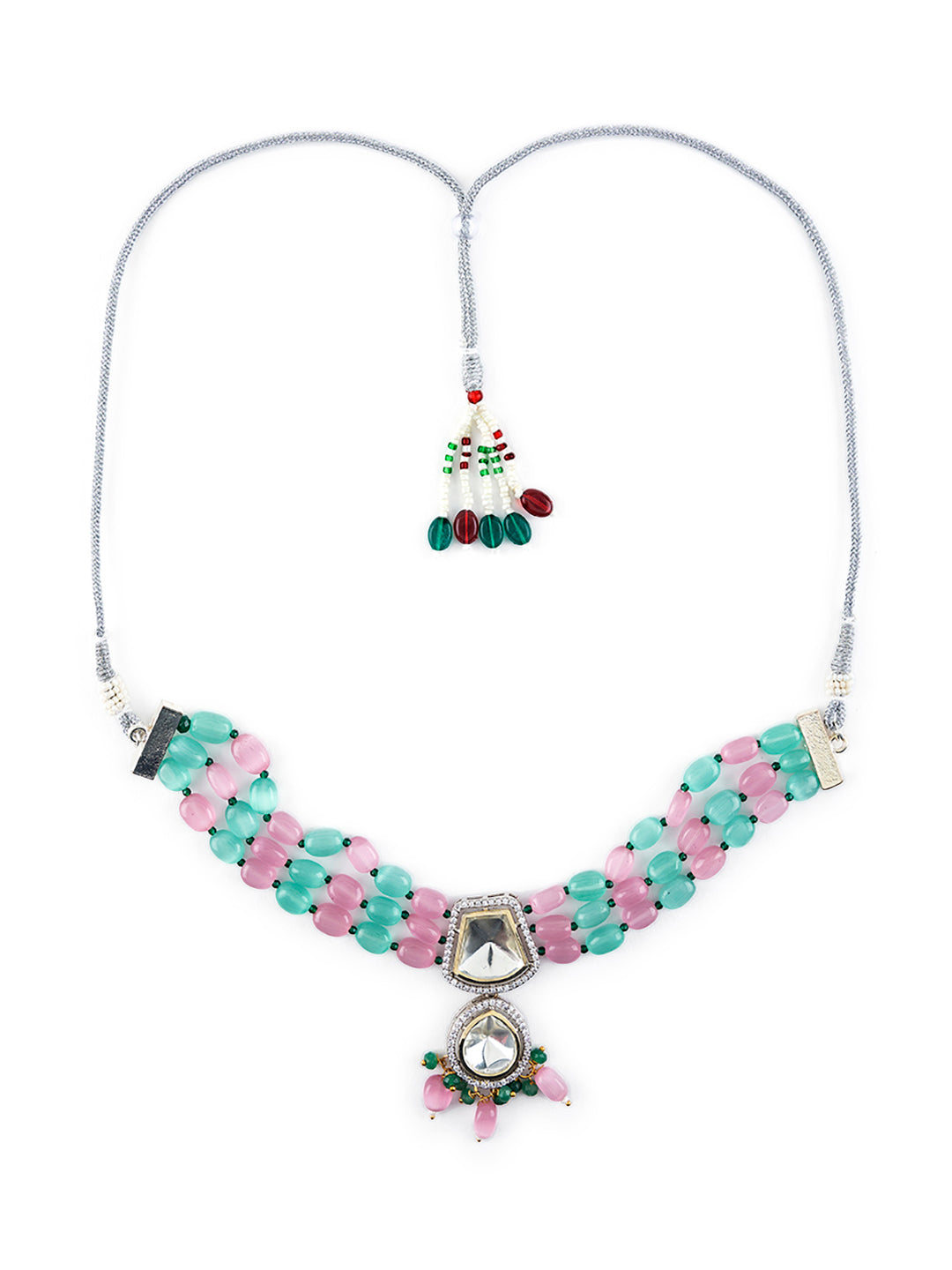 Priyaasi Pink & Sea Green Beaded Multilayer Stone Studded Choker Jewellery Set