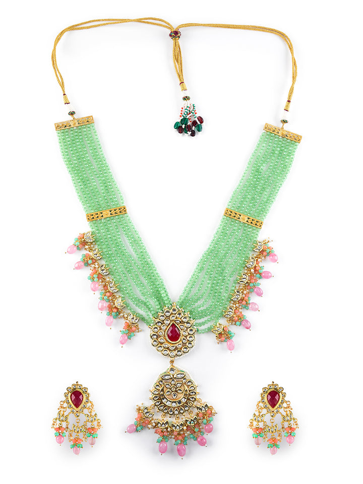 Priyaasi Green Floral Leaf Kundan Multilayer Beaded Gold-Plated Jewellery Set
