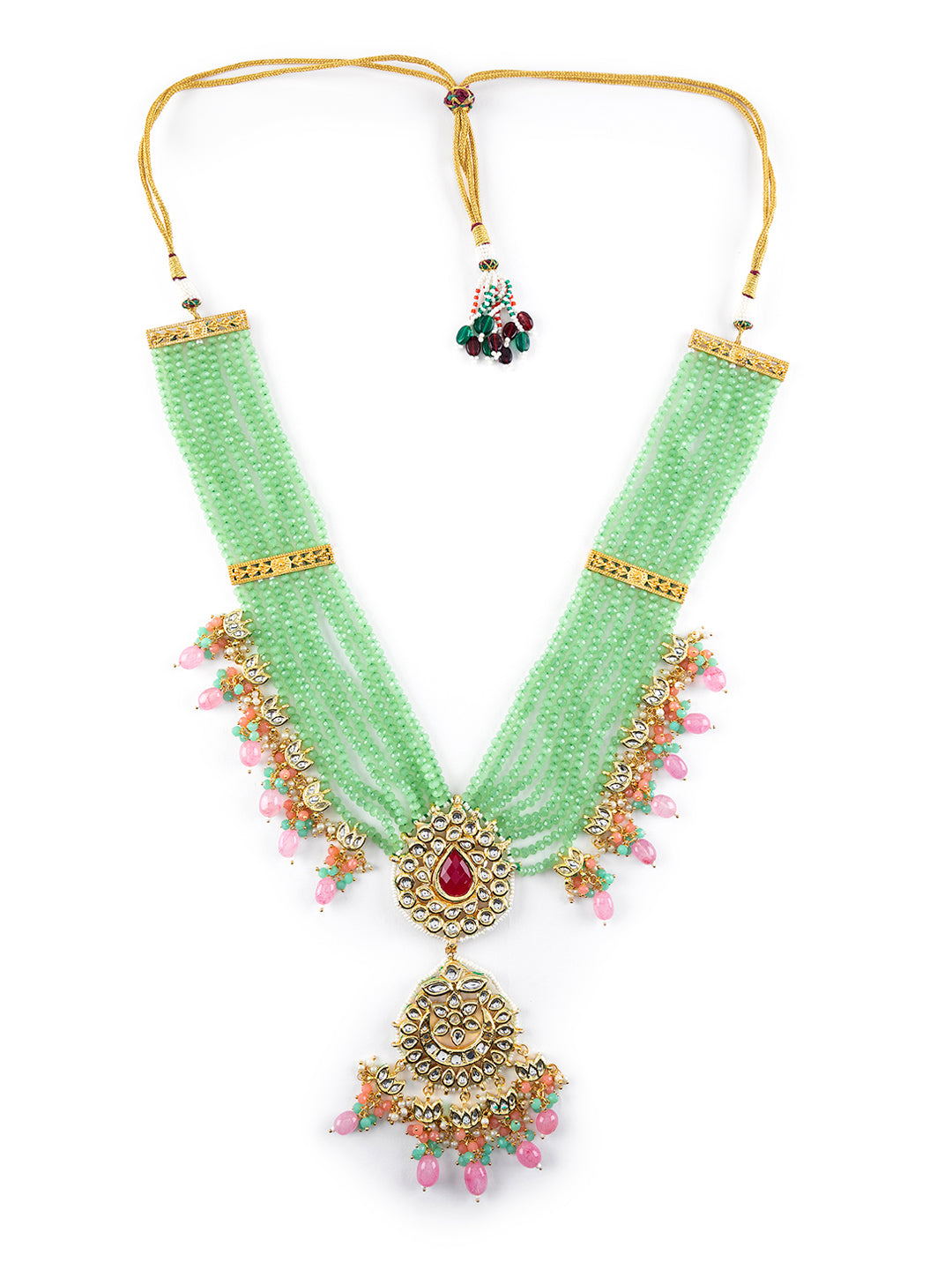 Priyaasi Green Floral Leaf Kundan Multilayer Beaded Gold-Plated Jewellery Set