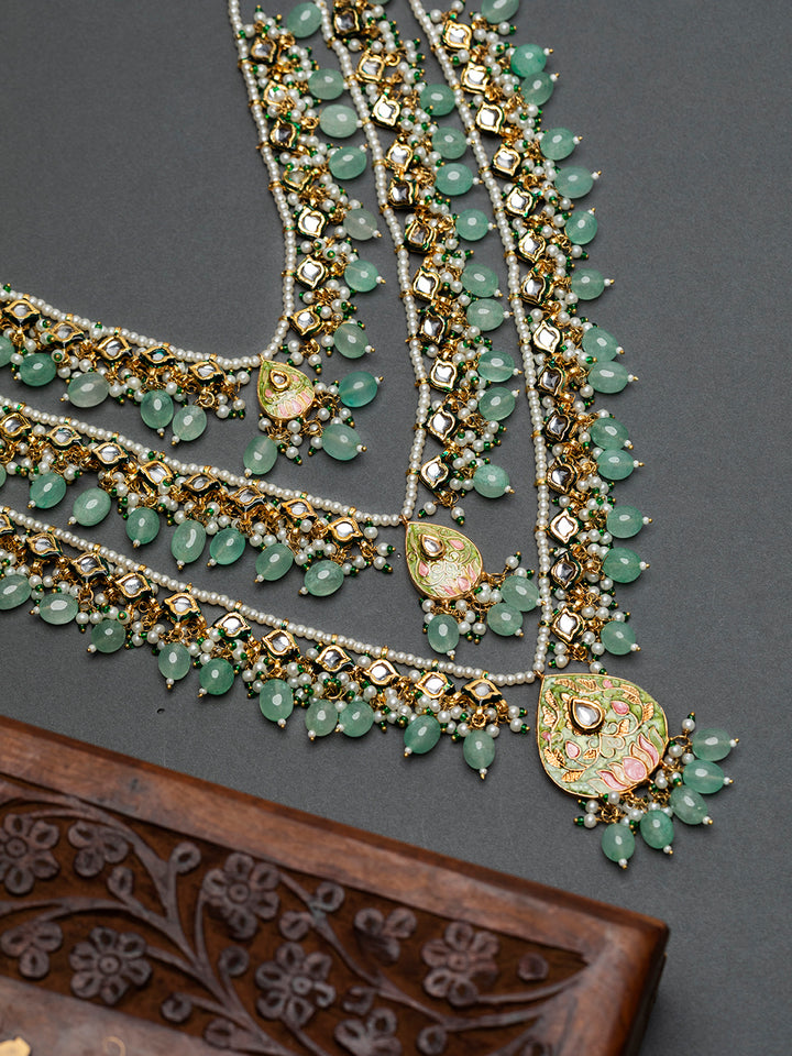 Priyaasi Sea Green Studded Buds Beaded Multilayer Gold-Plated Jewellery Set