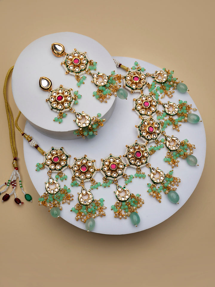 Priyaasi Sea Green Kundan Studded Beaded Gold-Plated Jewellery Set