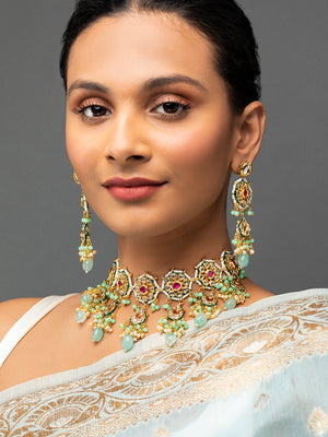 Priyaasi Sea Green Kundan Studded Beaded Gold-Plated Jewellery Set