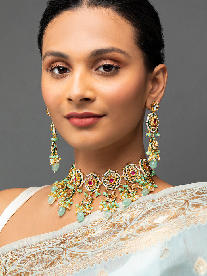 Priyaasi Sea Green Kundan Studded Beaded Gold-Plated Jewellery Set