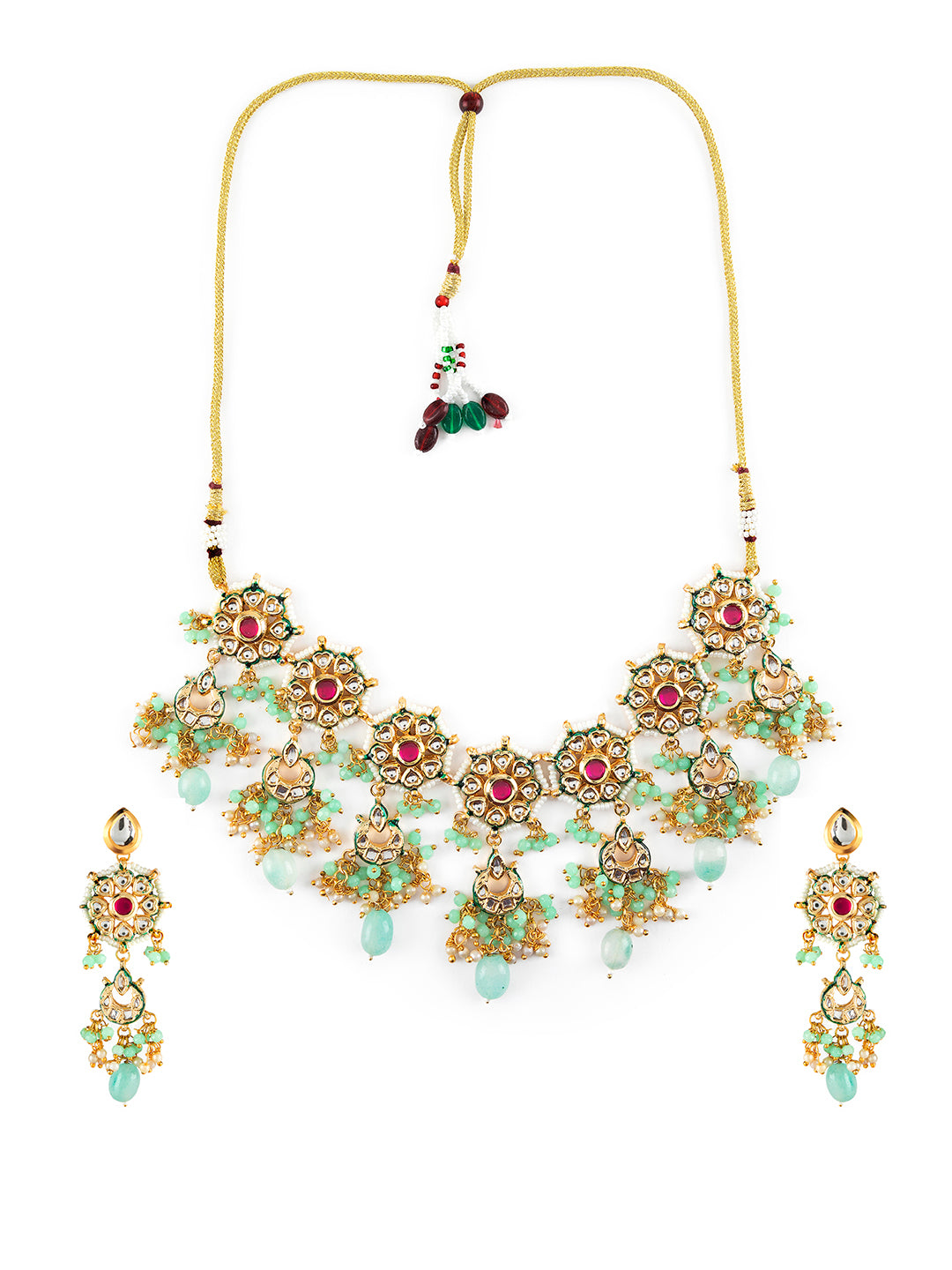 Priyaasi Sea Green Kundan Studded Beaded Gold-Plated Jewellery Set