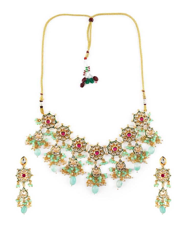 Priyaasi Sea Green Kundan Studded Beaded Gold-Plated Jewellery Set