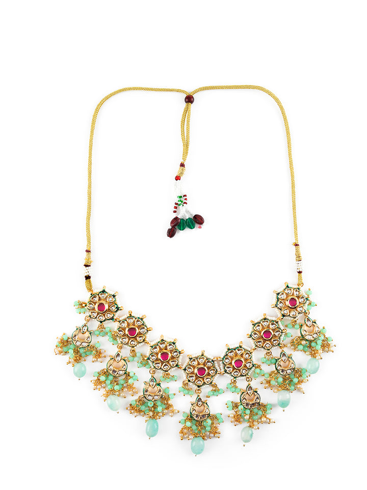 Priyaasi Sea Green Kundan Studded Beaded Gold-Plated Jewellery Set