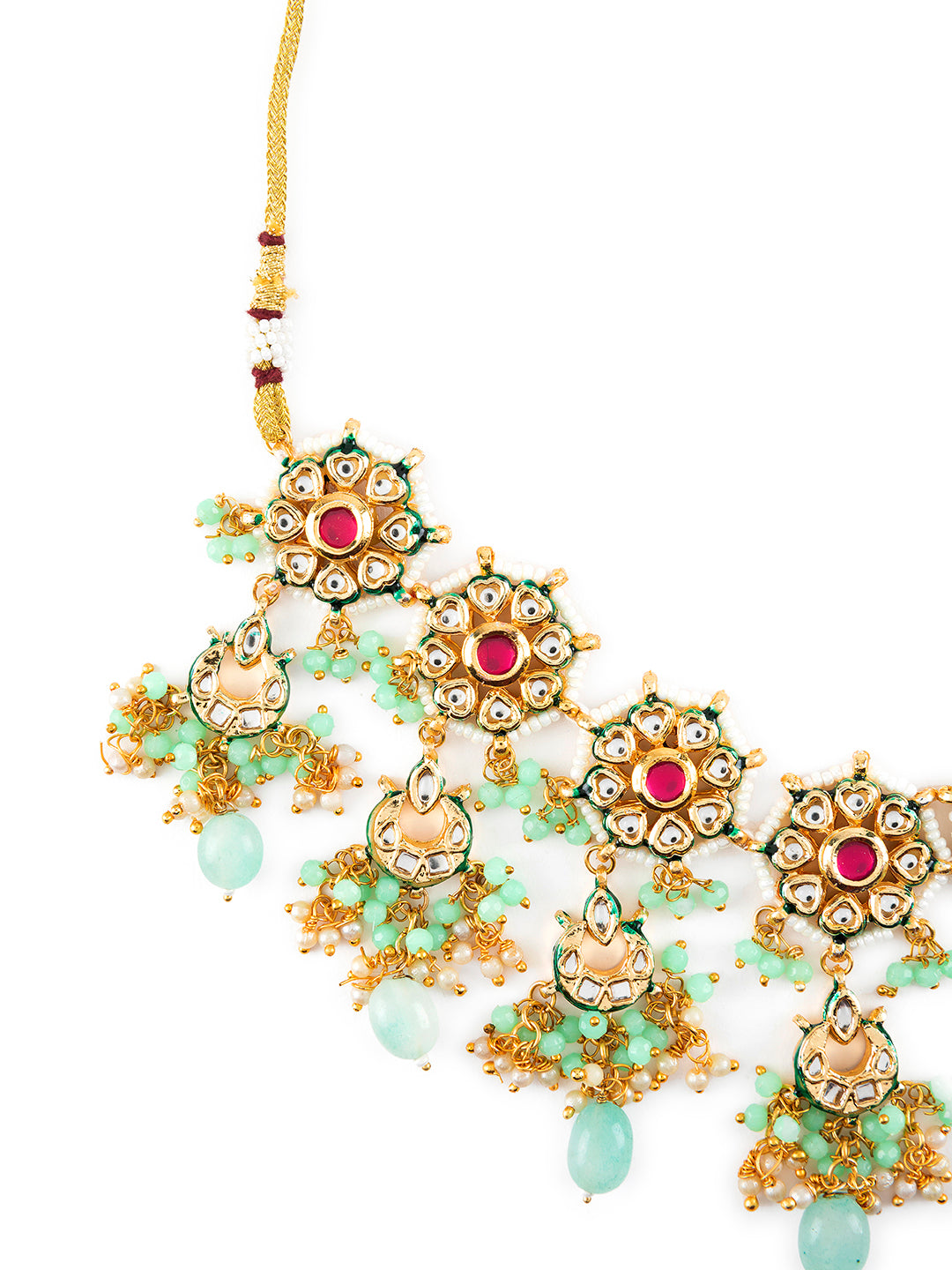 Priyaasi Sea Green Kundan Studded Beaded Gold-Plated Jewellery Set