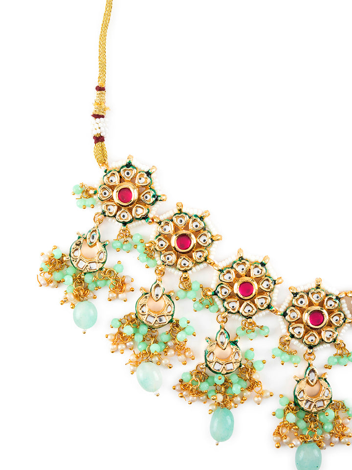 Priyaasi Sea Green Kundan Studded Beaded Gold-Plated Jewellery Set