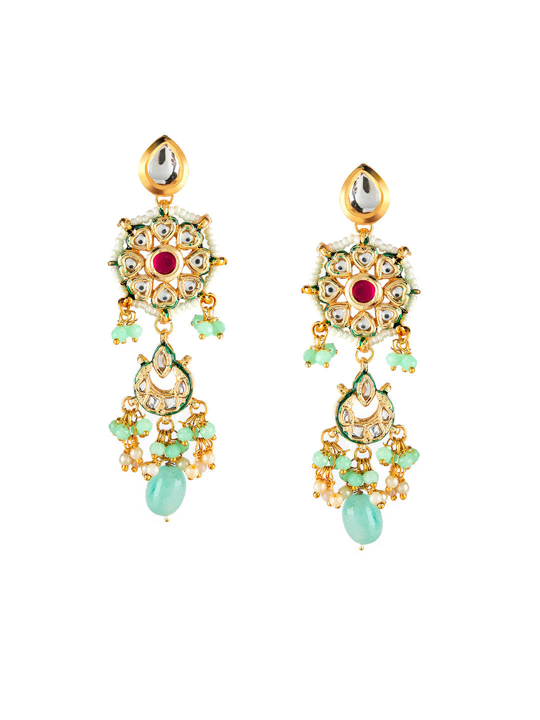 Priyaasi Sea Green Kundan Studded Beaded Gold-Plated Jewellery Set