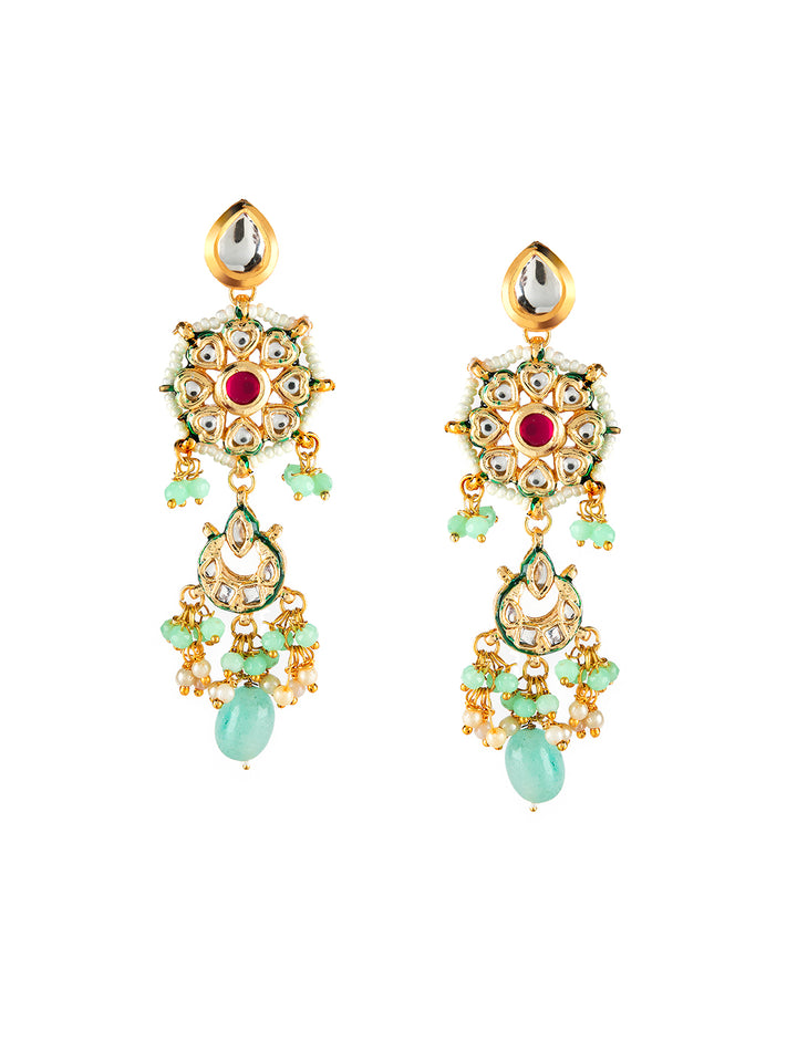 Priyaasi Sea Green Kundan Studded Beaded Gold-Plated Jewellery Set