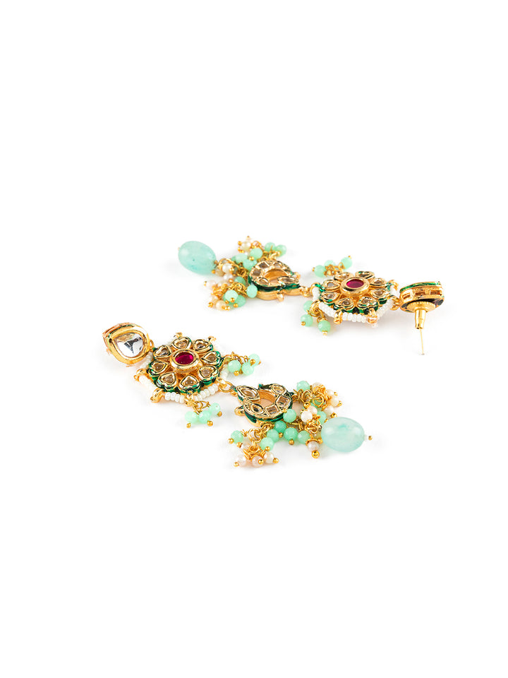 Priyaasi Sea Green Kundan Studded Beaded Gold-Plated Jewellery Set