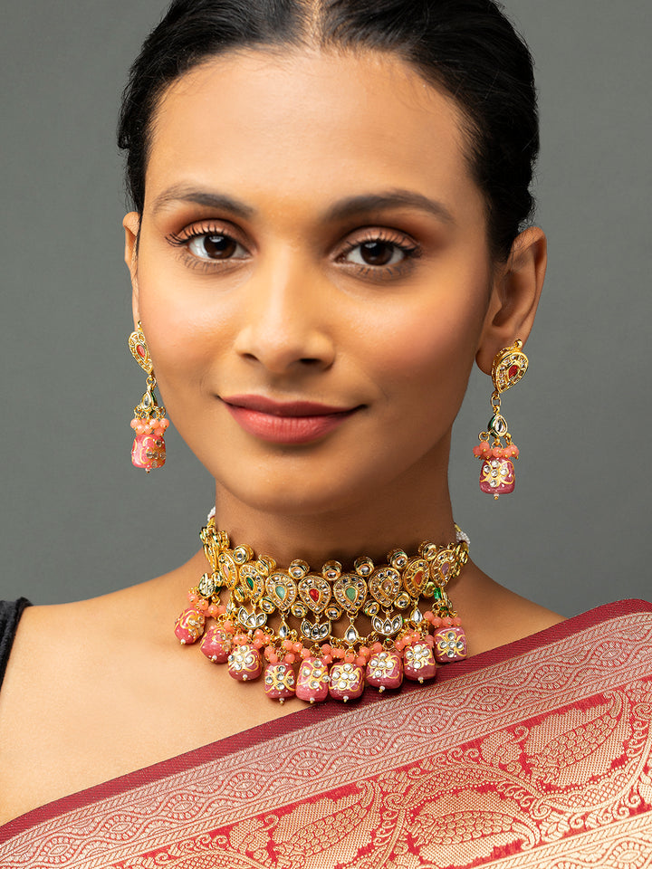 Priyaasi Pink Kundan Multicolor Stone Studded Gold-Plated Choker Jewellery Set
