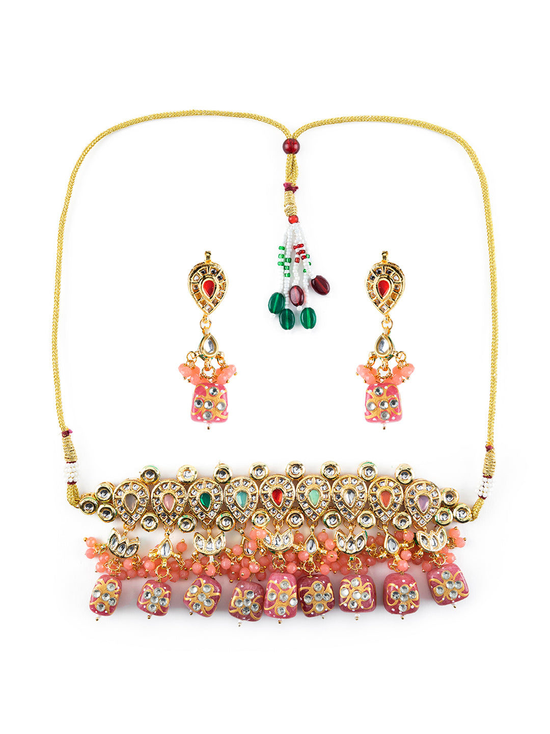 Priyaasi Pink Kundan Multicolor Stone Studded Gold-Plated Choker Jewellery Set